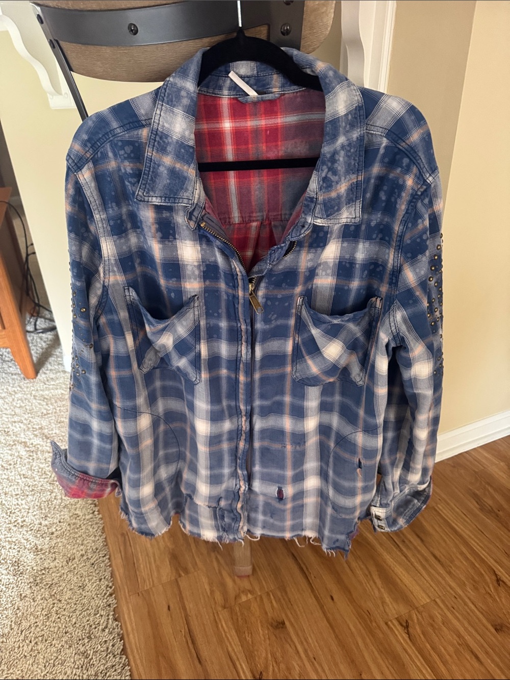 Free People Blue and Cream Plaid Stud-Accent Zip Jacket - Picture 3 of 3